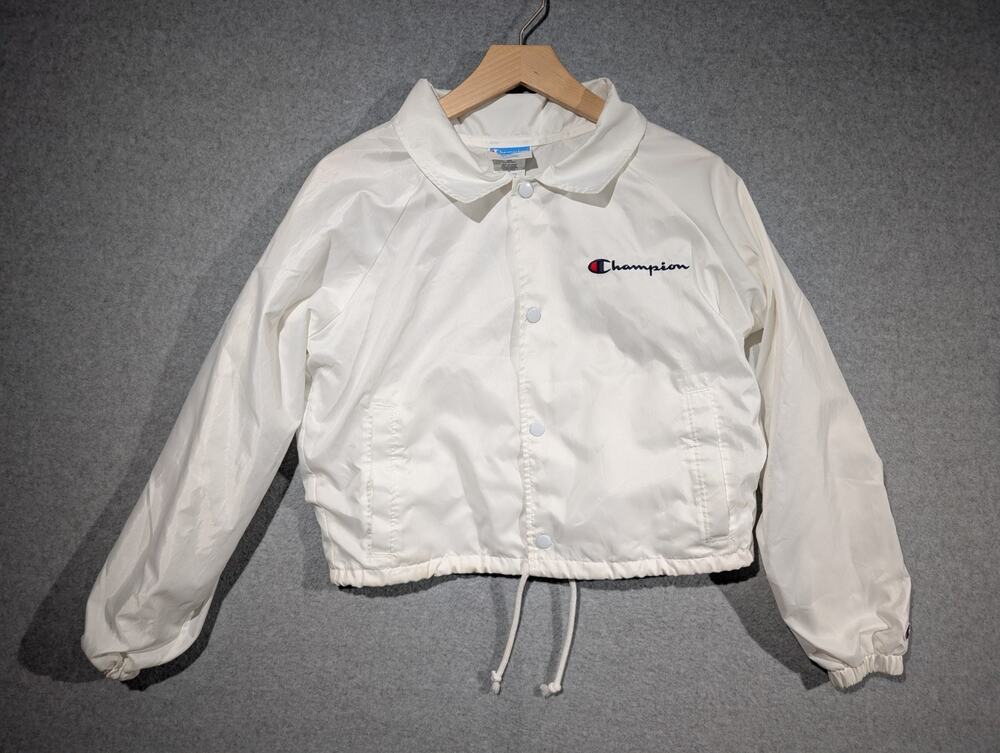 Champion Cropped White Windbreaker Womens Small w/ Logo Lightweight Track Jacket